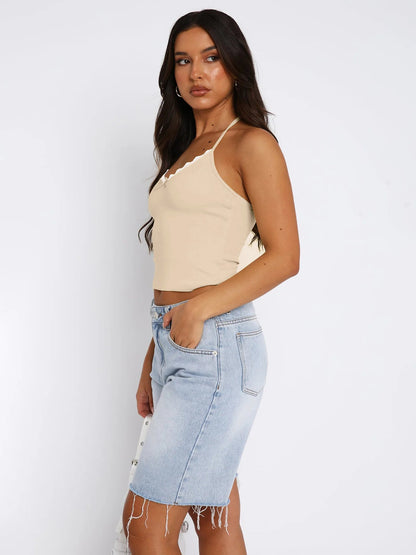 Neue Hals hängende Weste Damen Y2K Sexy Crop Top mit freiliegendem Nabel BM Strapsbasis und ärmelloses Slim Fit Top Tank Top.