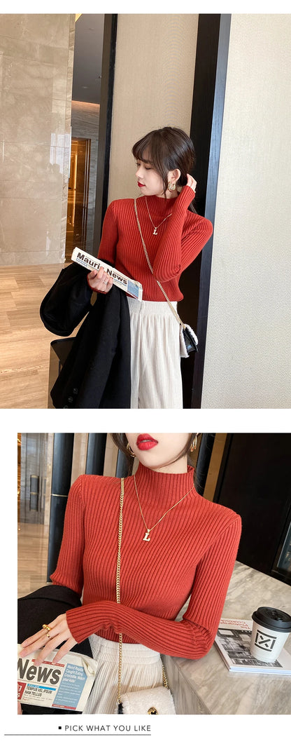 Winter Langarm Mock Neck Gestrickte Frauen Pullover Pullover Schlank Stricken Pullover Frauen Tops Blusas Mujer De Moda 2024 Blusa J995