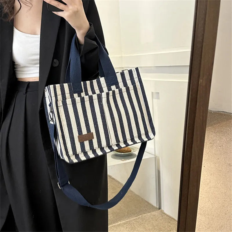 Cool Street Handbag, Large Capacity Women's Shoulder Bag, Trendy Striped Canvas Crossbody Bag, Fashion Travel Shopping Tote Bag.