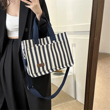 Cool Street Handbag, Large Capacity Women's Shoulder Bag, Trendy Striped Canvas Crossbody Bag, Fashion Travel Shopping Tote Bag.