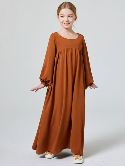 Kids Abaya Ramadan Muslim Dubai Elegant Girl's Solid Crew Neck Long Sleeve Kaftan Kebaya Dress For Party Pray Gift.
