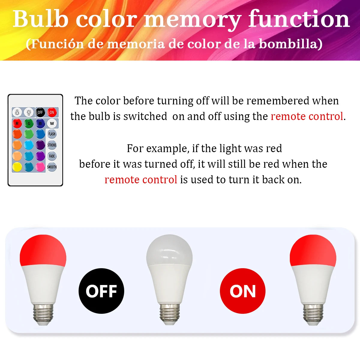 E27 RGB LED Light Bulb 220V 10W with IR Color Changing Control Remote Multicolor + White Lamp Spotlight for Bedroom Party Home.