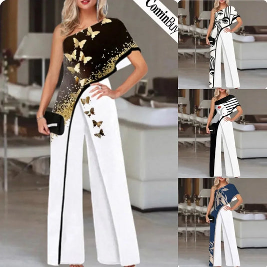 Fashionable Printed Pattern Wide Leg Pants Jumpsuit Independent Station Cross Border Spring Summer Women's Clothing.
