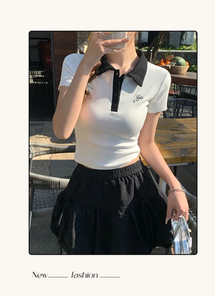 Women's Slim Fit Short Sleeve Polo Shirt Summer New Color Collision Design Red T-Shirt Top Fashionable Casual Business Wear