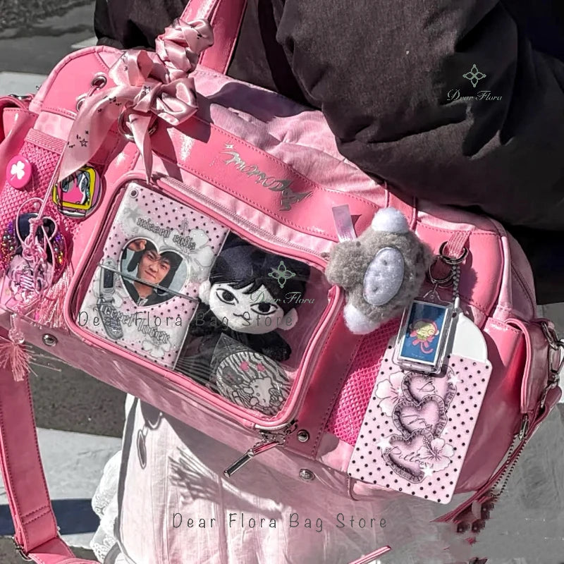 New Y2k Leopard Ita Shoulder Bag Lolita Girls Transparent Tote Bag Womens Large Capacity Crossbody Bag Cute DIY Display Handbags.