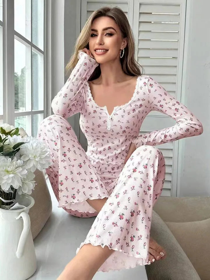 Herbst Winter Pyjama Set Frauen Nachtwäsche Blumen Druck Salat Trim Top mit Lange Hose Schöne Loungewear Volle Hülse Nachtwäsche.