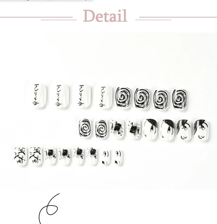 Y2K Black White Hand Drawn Comic Design Wearable Mini Short Fake Nails Full Cover Finished False Nails Press on Nails with Glue.