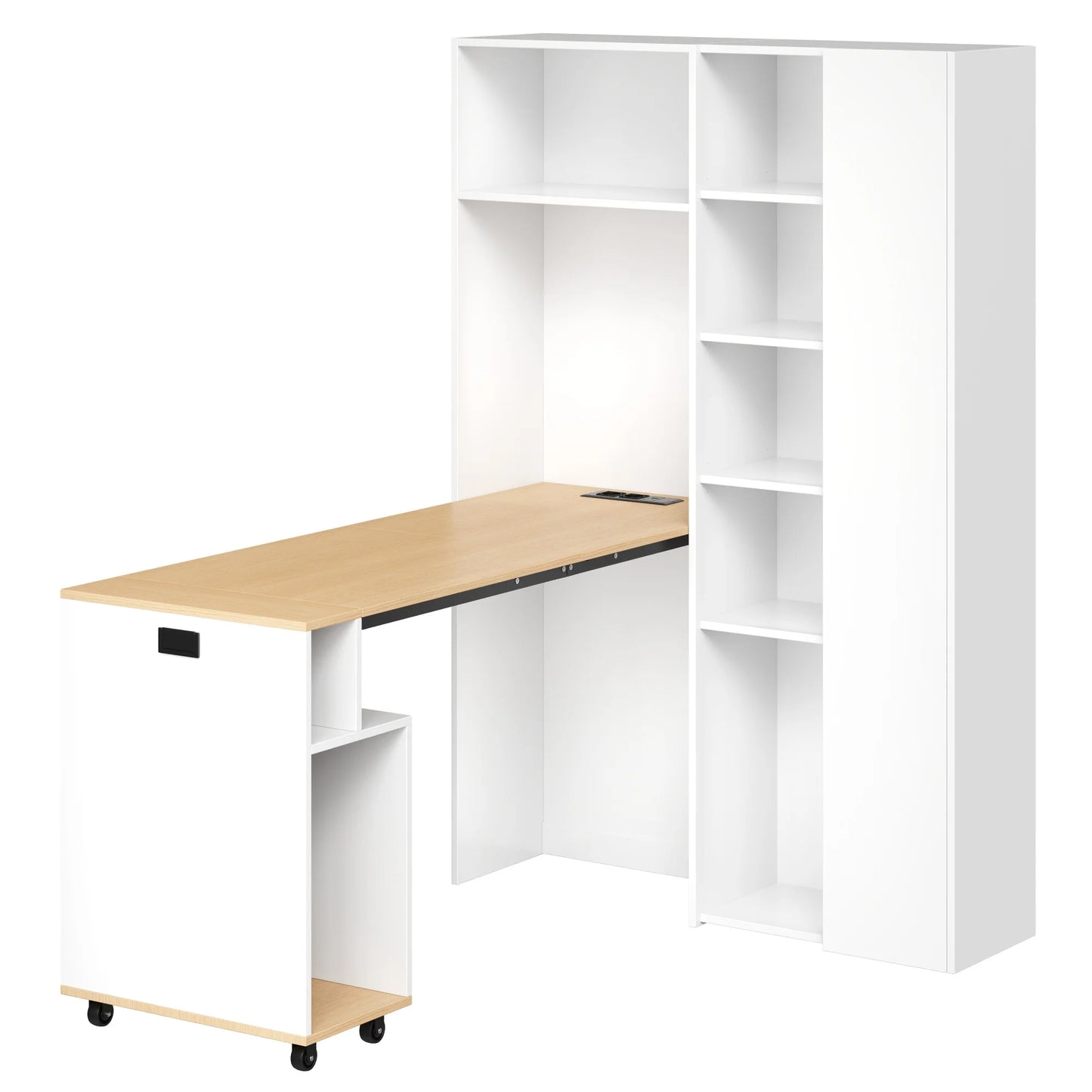 Klappbarer Schreibtisch mit Regalen – 2-in-1-Bücherregal und Schreibtisch, klappbar, mit Steckdose und USB-Anschluss, höhenverstellbare Regale
