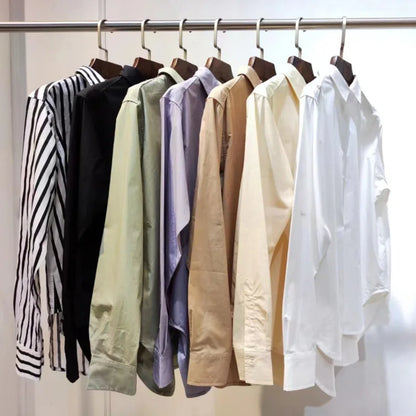 LUXURY Women's Vertical Striped Shirt, Short Front and Back, Short, Vertical Striped Shirt, Loose Long Sleeve, Commuter Style.