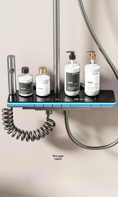 Graues Duschsystem mit Umgebungslicht, intelligentes digitales Duscharmatur-Set, Temperaturanzeige, Regen-Badezimmer-Duschset