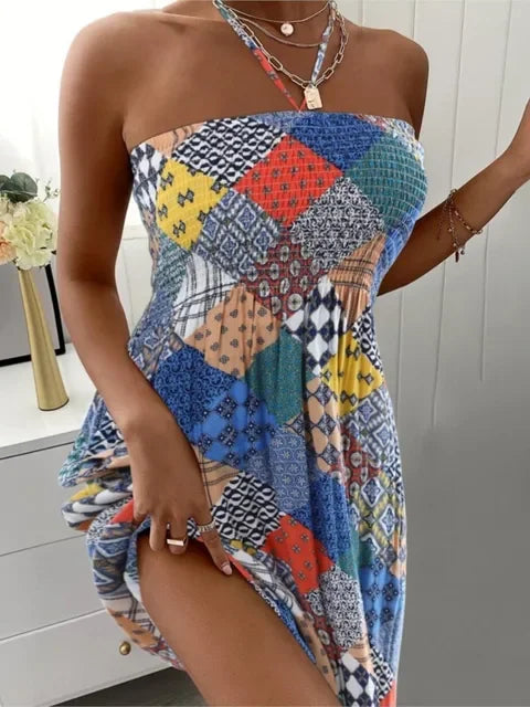 Sommer Sexy Neckholder Ärmellose Minikleider Für Frauen Boho Blume Gedruckt Strandkleid Damen Strap Neck Casual Urlaubskleid.