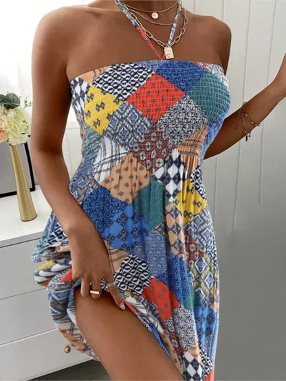 Sommer Sexy Neckholder Ärmellose Minikleider Für Frauen Boho Blume Gedruckt Strandkleid Damen Strap Neck Casual Urlaubskleid.