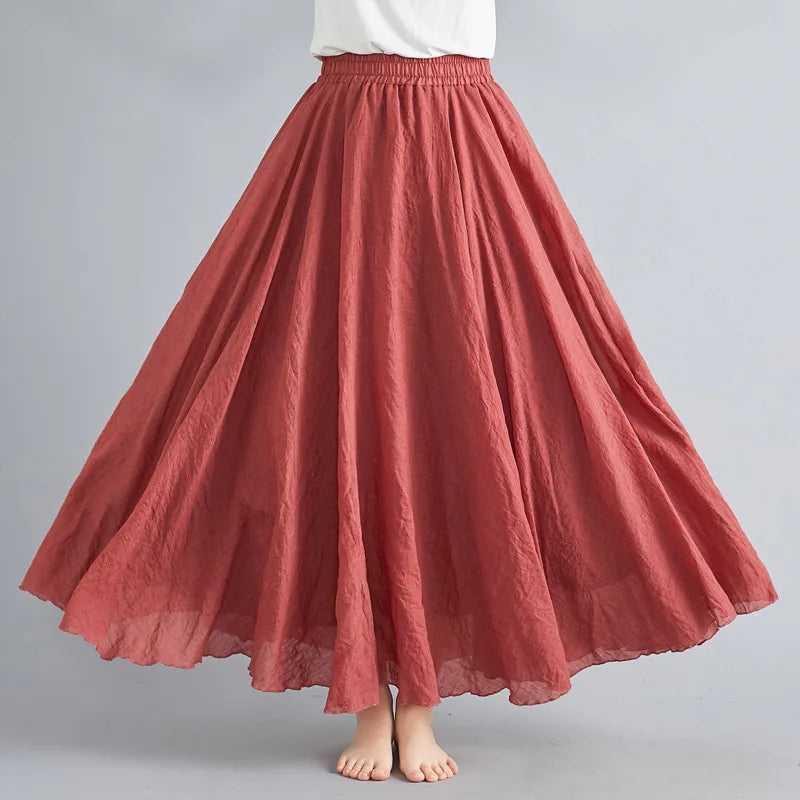 Boho Cotton Linen Beach Long Skirt Women Vintage Casual Solid A-line High Waist Dance Floor-Length Maxi Skirt Spring Summer New.