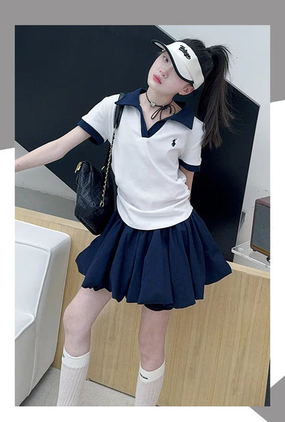 Girls Summer New Fashion Korean Style School Sports Short Sleeve T-Shirt And Bloomers Two-Piece Set White Floral Print Outfit.