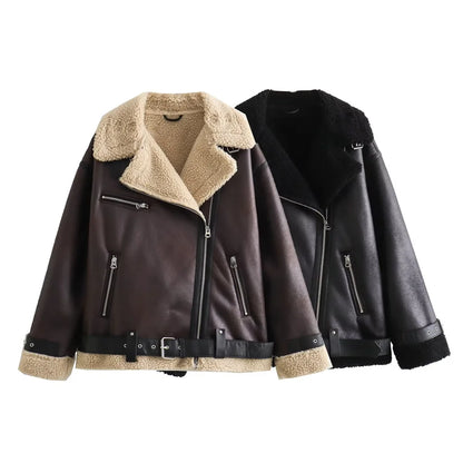 2023 Autumn/Winter New Women's Wear New Fashion Casual Loose Versatile Leather and Fur One Piece Jacket Coat.