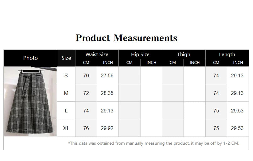 Khaki Plaid Vintage A-line High Waist Lace Up Buttons Loose Women's Skirt Mid-Calf Long Skirts For Women Clothing Fashion 2024.