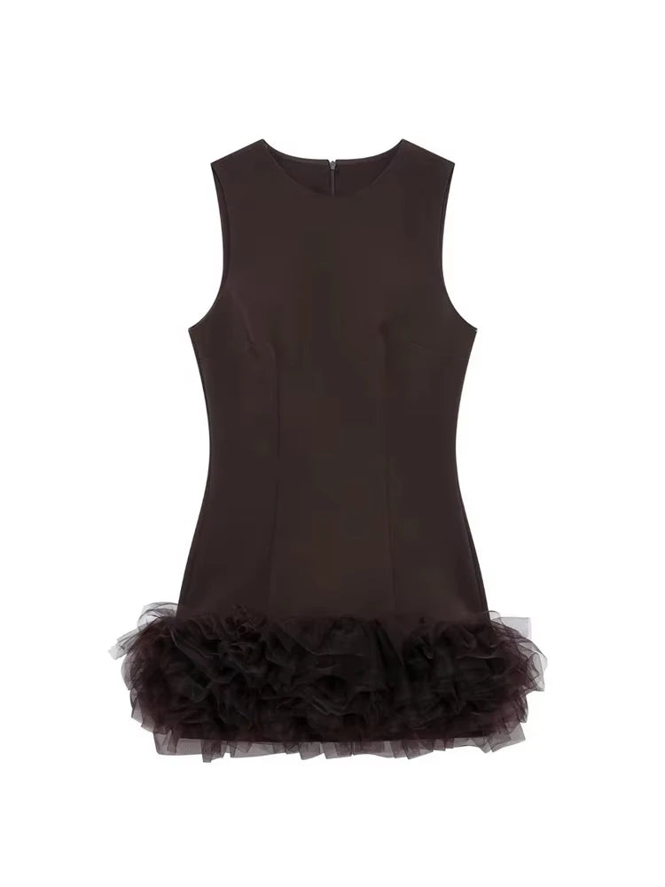 TRZA Wome Mode Mit Tüll Mini Kleid O Neck Ärmellose Zurück Zipper Weibliche Kleider Vestidos Mujer.