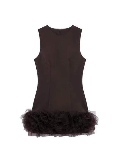 TRZA Wome Mode Mit Tüll Mini Kleid O Neck Ärmellose Zurück Zipper Weibliche Kleider Vestidos Mujer.