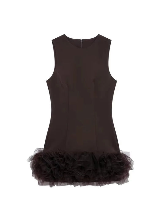 TRZA Wome Mode Mit Tüll Mini Kleid O Neck Ärmellose Zurück Zipper Weibliche Kleider Vestidos Mujer.