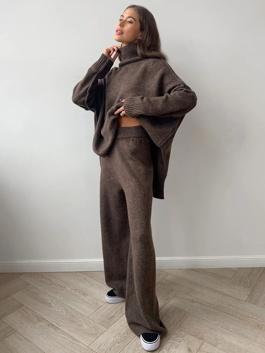 2025 Turtleneck Sweater Set Women's European, American Autumn and Winter New Loose Casual Lazy Thickened Knitted Trousers Set