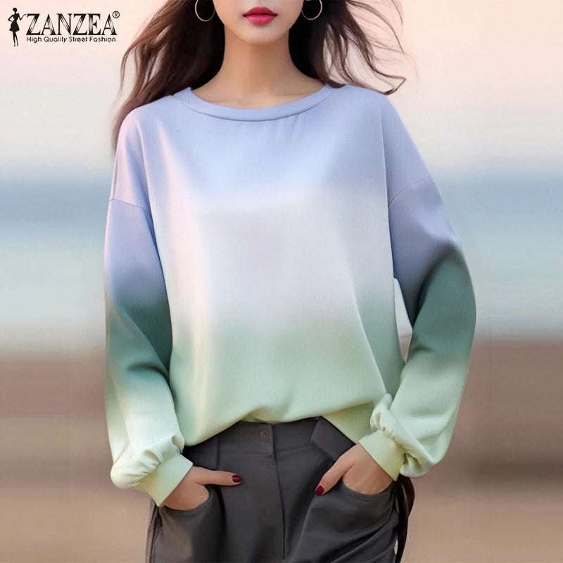 ZANZEA Plus Size Sweatshirts Women Long Sleeve Autumn Fashion Hoodies Gradient Color Round Neck Causal Loose Pullovers 2025 5XL.