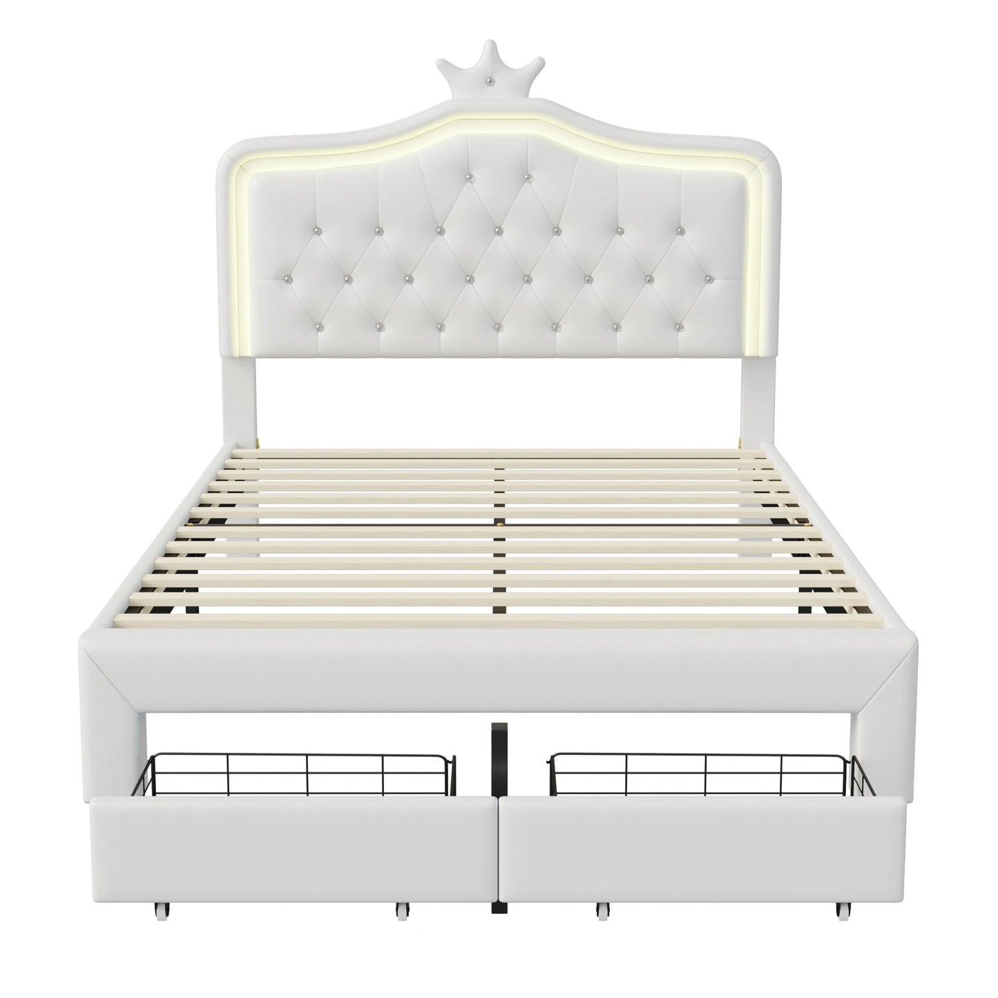 Rosahqnda Kinderbett, gepolsterter Bettrahmen, Krone, Kopfteil, Schubladenschrank, verstellbare Kopfteil-Lederoberfläche