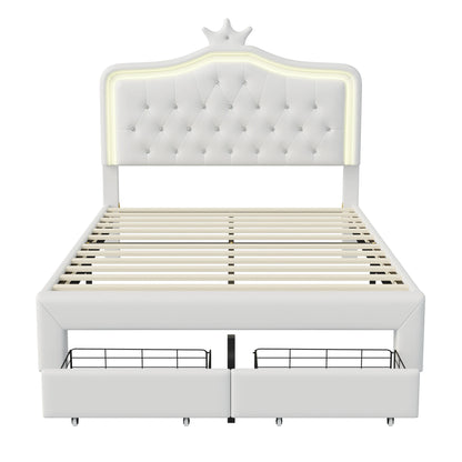 Rosahqnda Kinderbett, gepolsterter Bettrahmen, Krone, Kopfteil, Schubladenschrank, verstellbare Kopfteil-Lederoberfläche