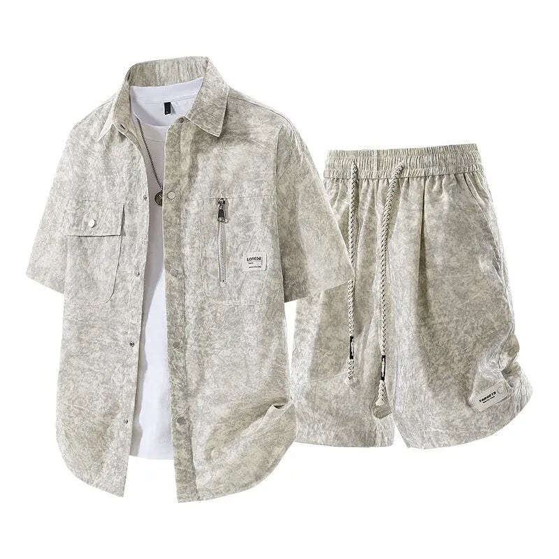Men's Summer Casual Versatile Fashionable Cool Short-Sleeved Shirt And Shorts Set Trendy Business Casual Outfit.