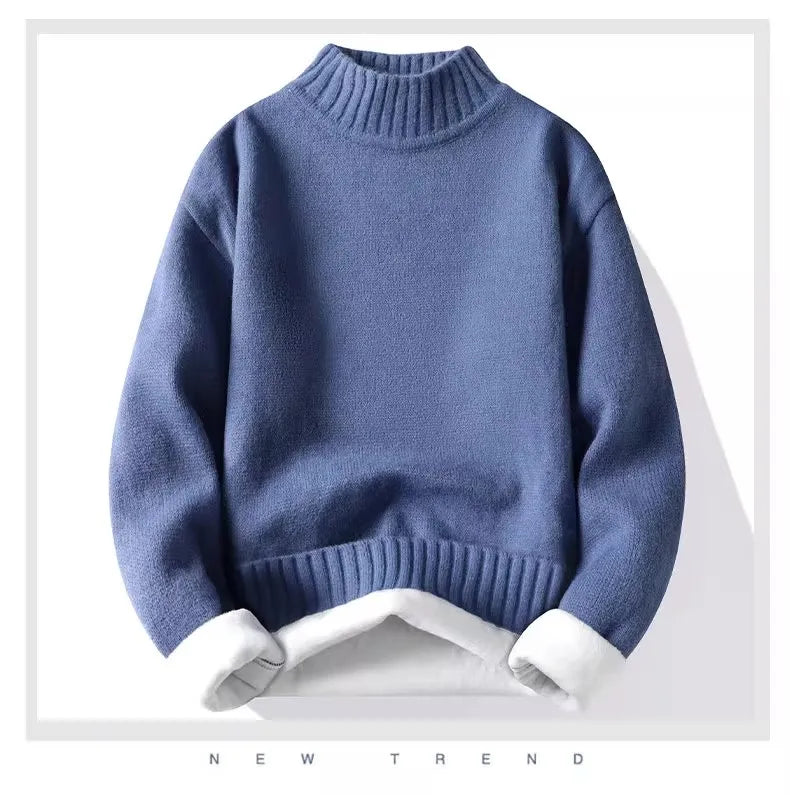 New Winter Men Mock Neck Turtlenecks Pullovers Fleece Warm Knitted Sweaters Good Quality Male Solid Outwear Casual Sweaters 3XL