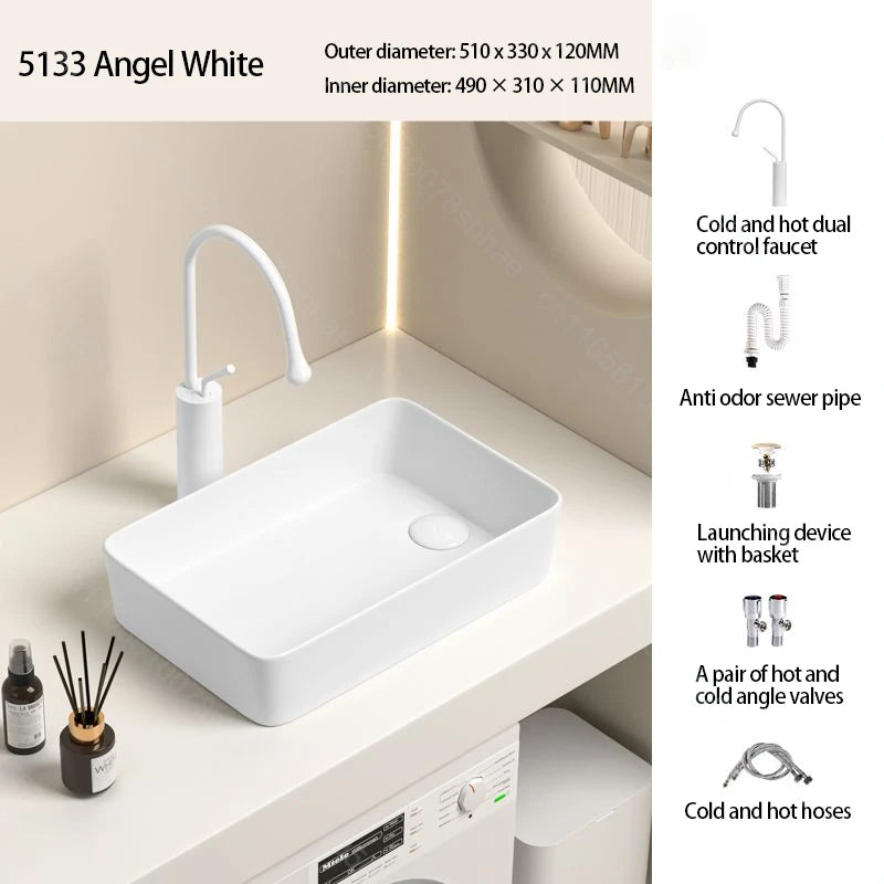 Rechteckiges Waschbecken aus Porzellan-Keramik für Badezimmer, modernes Waschbecken über der Theke mit Abflussset, Waschtischwaschbecken auf der Arbeitsplatte