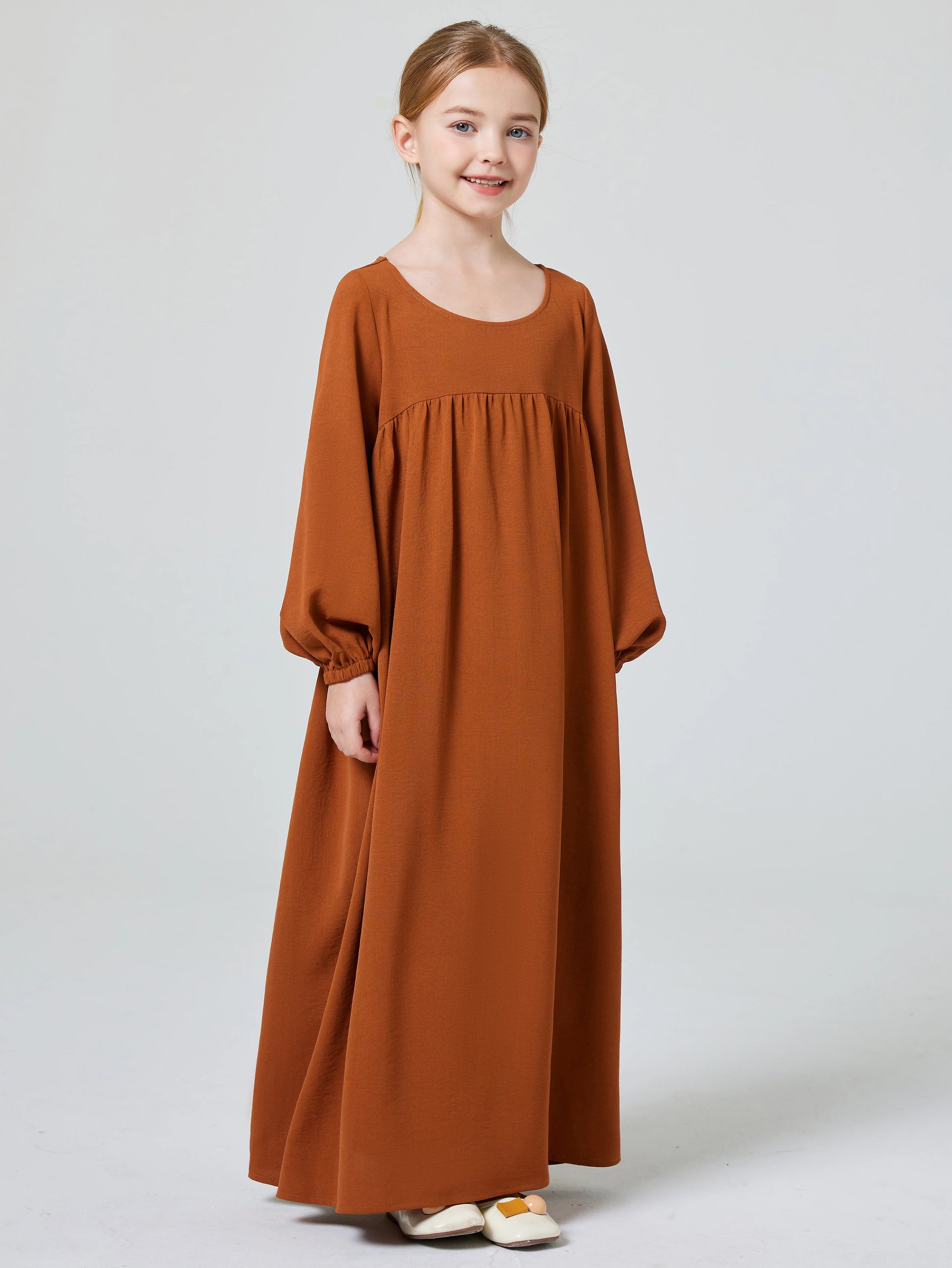 Kids Abaya Ramadan Muslim Dubai Elegant Girl's Solid Crew Neck Long Sleeve Kaftan Kebaya Dress For Party Pray Gift.