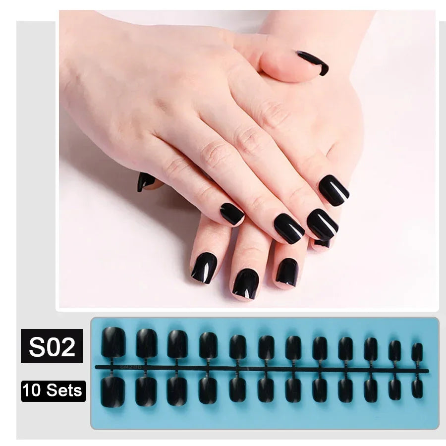 10 Sets/Pack Mixed Solid Colors Coffin Round Square Almond Shape False Nails Full Cover Nail Tips Short Fake Nails Tip Manicure