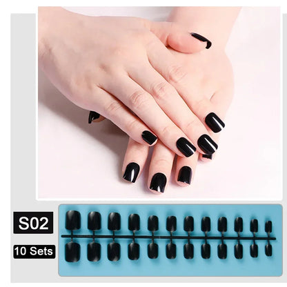 10 Sets/Pack Mixed Solid Colors Coffin Round Square Almond Shape False Nails Full Cover Nail Tips Short Fake Nails Tip Manicure