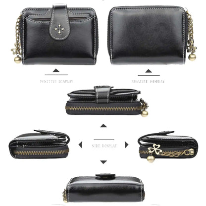 Women's Short Oil Wax Leather Coin Purse Fashion Buckle Zipper Wallet Driver's License Card Bag.