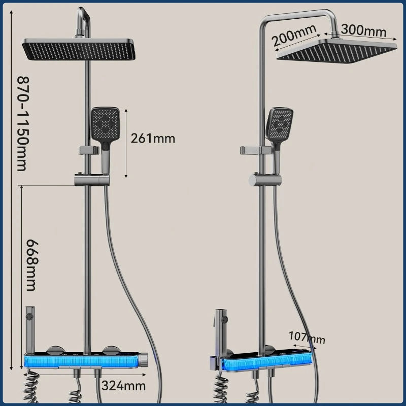 Smart Digital Rainlfall Bathroom Shower Set Temperature Display Bathroom Shower Faucet Set Grey Shower System with Ambient Light