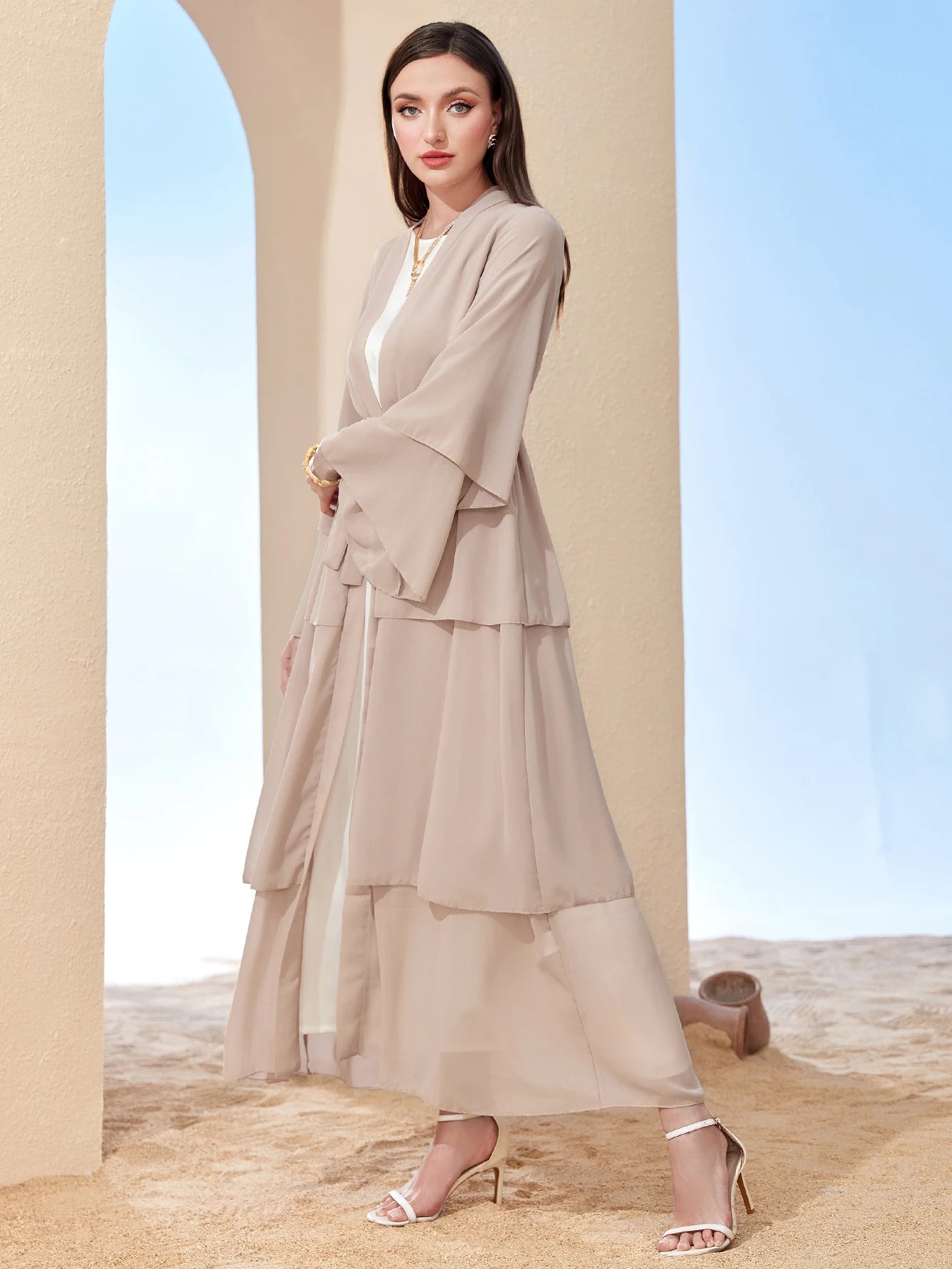 Ramadan kebaya Layered Open Front Abaya, Long Sleeve Dress With Belted , Without Hijab, Women's Clothing.