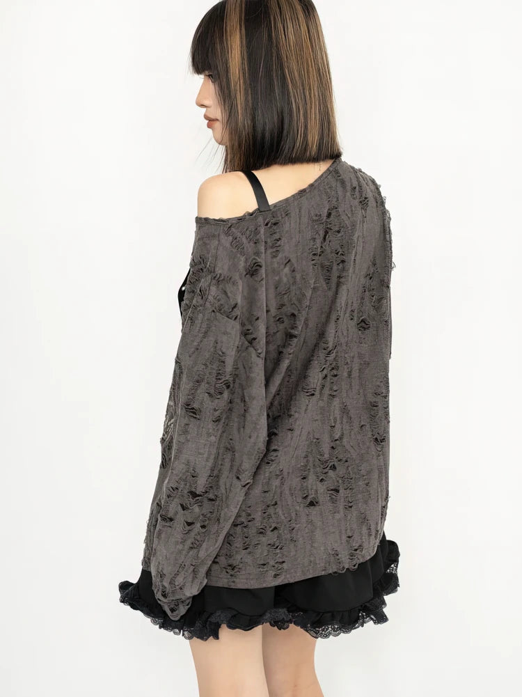 Y2k Long sleeve T shirt Women Off shoulder Oversize Tops Female Spring Autumn Vintage Holes Basic Tees Streetwear Chic.