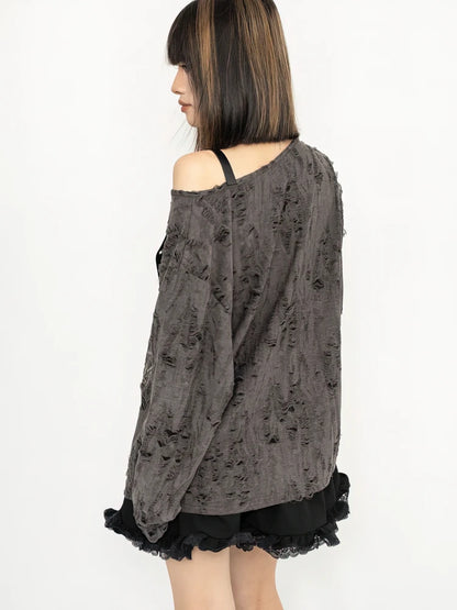 Y2k Long sleeve T shirt Women Off shoulder Oversize Tops Female Spring Autumn Vintage Holes Basic Tees Streetwear Chic.