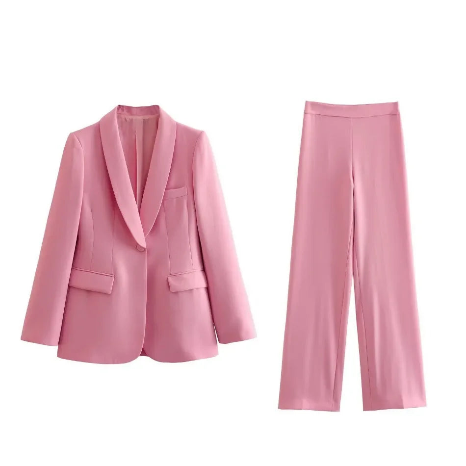 Women's Blazer New Spring Elegant Casual Office Lady Pink Jacket Coat Fashion High Waist Loose Wide Leg Trousers Pant Suit.