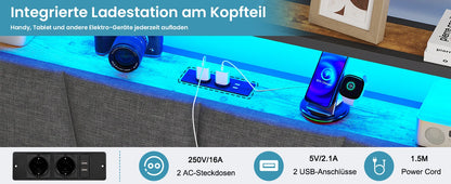 Metallbettgestell 140 x 200 cm mit LED-Beleuchtung, Kopfteil und Ladestation, integriertes Metallbett 140 x 200 mit Gitterbraten