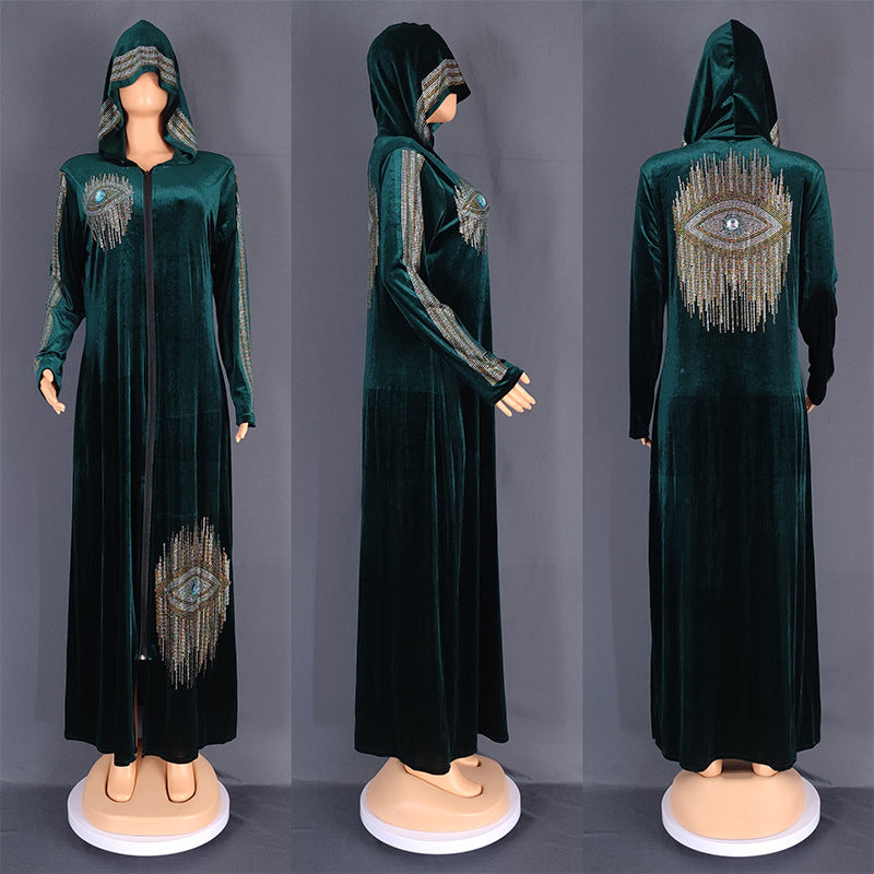 Long Sleeved Hooded Muslim Dress Velvet Diamond Clothing for Women Dubai Abayas Casual Korean Style Kaftan Evening Dress Abayas.