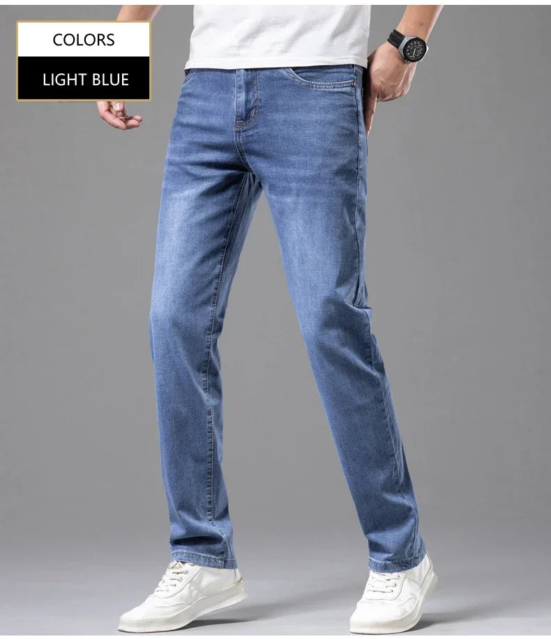 Summer Thin Men's Elastic Cotton Jeans Fashion Gray Comfortable Business Straight Casual Pants Brand Male Clothes Trousers.
