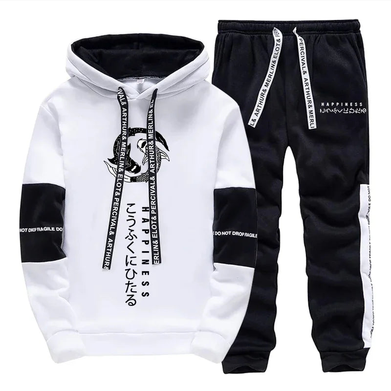 Japanese Fashion Hoodies Sweatpants Men's Hooded Long Sleeved Tracksuit 2pcs Set Harajuku-style All Season Casual Sporty Outfits.