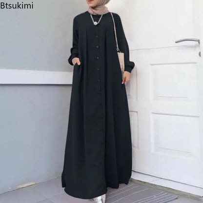 2025Spring Autumn Maxi Long Dress Women Muslim Long Sleeve Dress Loose Casual Dresses Vintage Hijab Islamic Clothing Caftan Robe.