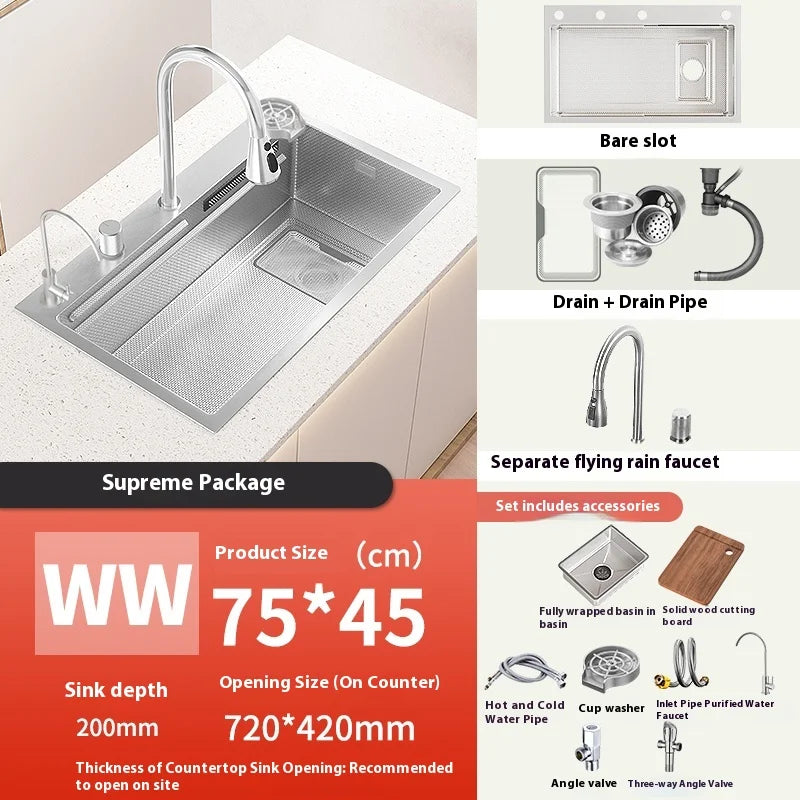Silver 304 Stainless Steel Waterfall Kitchen Sink Multifunctional Scratch and Wear Resistant Large Single Slot Undermount Basin