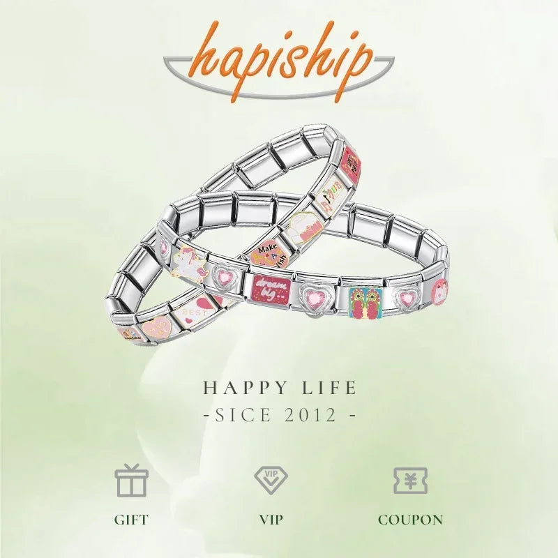 Hapiship New Women's Jewelry 9mm Width Itanlian Elastic Charm Bracelet Fashion Stainless Steel Bangle ST-.
