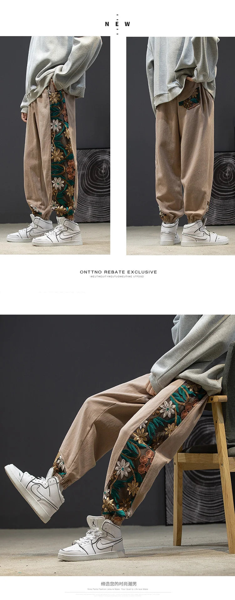 Fashion Casual Pants Men's Clothing Cotton Japanese Samurai Embroidery Patchwork Harem Trousers Oversized Harajuku Joggers Male.