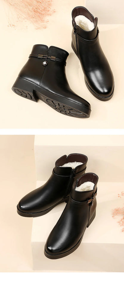 WOIZGIC Women Mother Female Ladies Genuine Leather Ankle Shoes Boots Platform Wool Plush Warm Fur Winter Zipper Plus Size 42 43.
