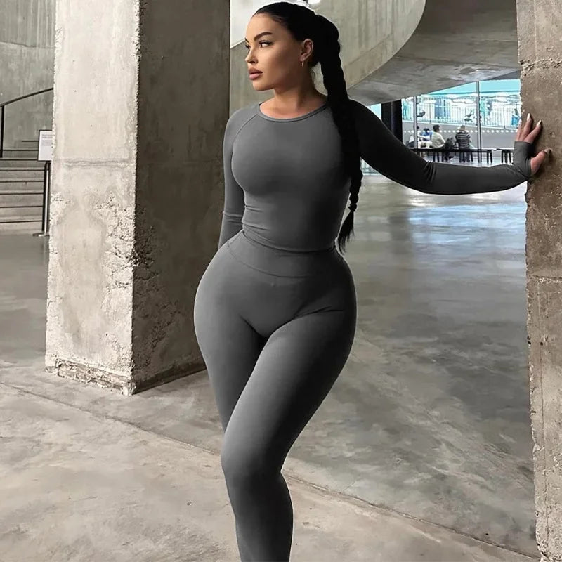 2024 Summer Fashionable Long Sleeve Women's Clothing Slimming High Elasticity Sports Leggings Suit Street Style Wholesale.