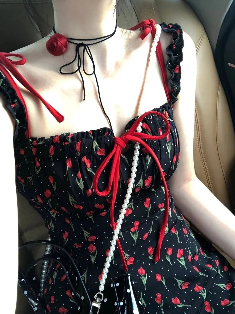 Koreanische Kleid Frauen Süße Bogen Bandage Ärmellose Backless Robe Femme Floral Mode Sommer Mini Kleider 2025, Vestidos De Mujer.